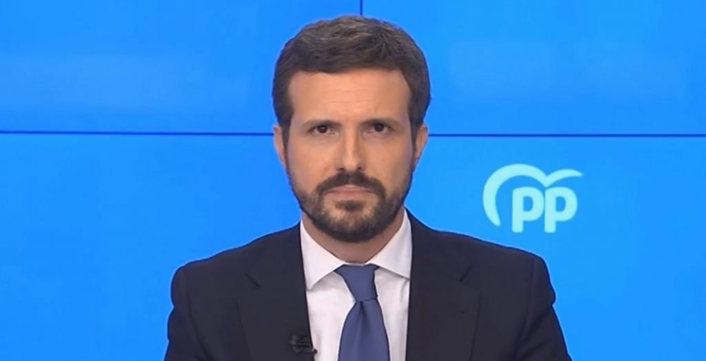 Pablo Casado en el discurso emitido a los medios para informar del cambio de sede