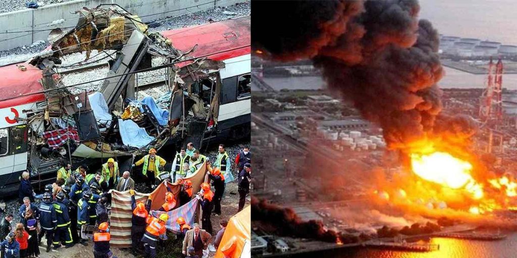 11 de marzo, a la izquierda imagen de uno de los trenes que explotó y a la derecha el incendio en la central nuclear