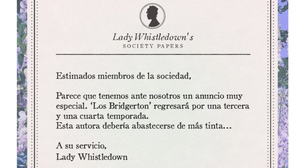 Anuncio de Lady Whistledown sobre la tercera y cuarta temporada de Los Bridgerton